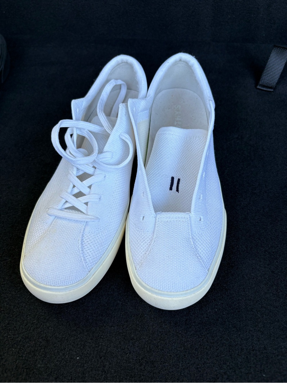 Rothy's White Knit Lace-Up Sneakers with Navy Stripe